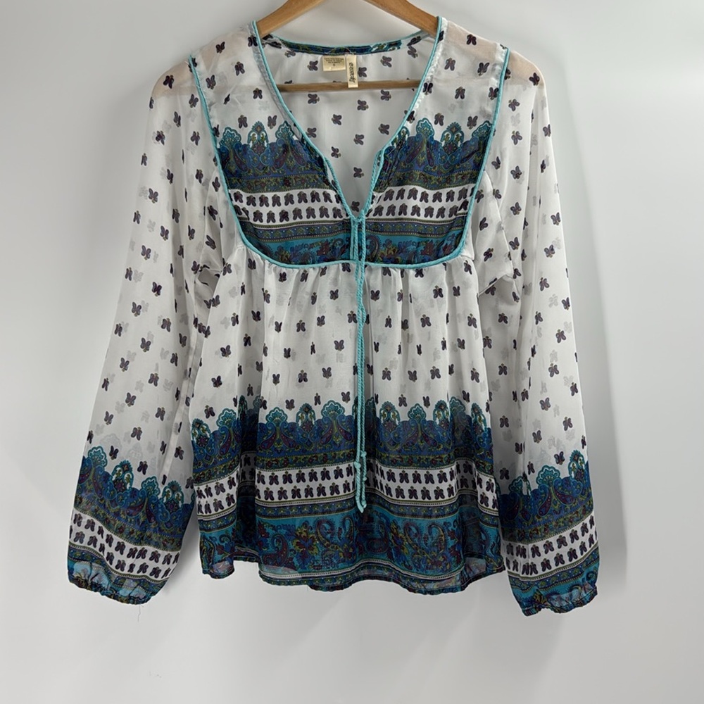 Passport boho sheer balloon sleeve peasant blouse white turquoise purple florals